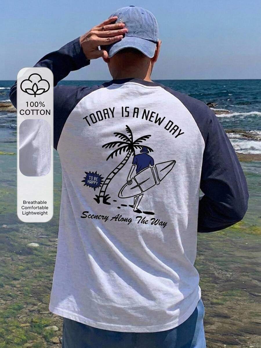 DAZY 春秋款長袖海灘衝浪圖案印花白色衣身配對比海軍藍插肩袖男士T恤 - 彩色 - 查看 1