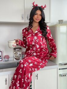 ZzzCrew Women's Faux Silk All-Over Print Deer & Gift Christmas Theme Allover Print Open Front Pajama Set - Red - View 6