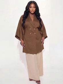 Poshavie Poshavie Plus Size Women's Fashion Blazer, Loose Double-Breasted Minimalist Elegant Business Casual Jacket, Suitable For Commuting, Office Evening Brown - Brown - View 5