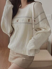 DAZY Women's Colorblock Pattern Jacquard Loose Long Sleeve Cable Knit Pullover Sweater, Casual Vacation Spring/Autumn - White - View 6
