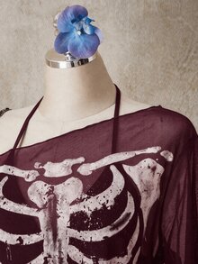SHEIN ICON 大尺碼女款骨骼印花不對稱下擺網紗上衣 - 彩色 - 查看 4