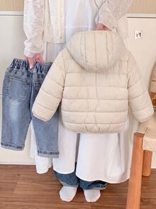 SHEIN 女嬰可愛休閒秋冬百搭杏色卡通熊圖案連帽加厚外套 - 米色 - 查看 2