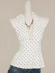 SHEIN ICON 掛脖深V領收腰A字露背波點背心上衣 - 白色 - 查看 3