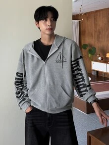DAZY 春秋款華夫格紋布料灰色字母印花後背貼布設計寬鬆男士連帽衛衣 - 灰色 - 查看 6