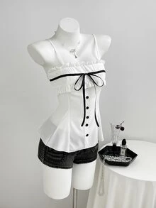 Elamini Atasan Camisole Wanita dengan Desain Kancing Ikat Depan dan Blok Warna - MultiWarna - View 3