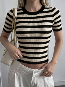 DAZY Women's Striped Halter Neck Fitted Knit Top - Black - View 7