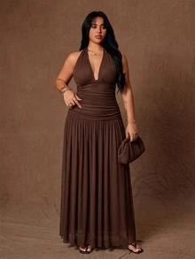 Rustia Plus Size V-Neck Tank Top & Long Skirt 2 Pieces Set - Brown - View 3