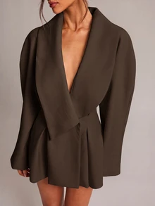 SHEIN BAE 女款素色休閒百搭通勤旅行西裝外套 - 咖啡棕 - 查看 7