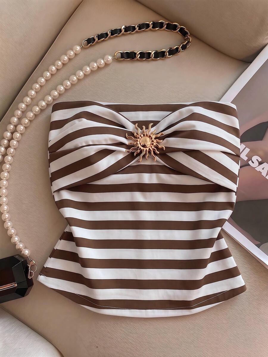 Franclia Women's Metal Sun Decor Striped Tube Top - Coffee Brown - View 1