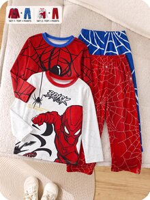 SHEIN Kids Young Boy Simple Solid Color Crew Neck Long Sleeve T-Shirt + Woven Plaid Pattern Loose Casual Pants 4-Piece Pajama Set, Soft Comfortable Casual Home Sleepwear Set 2 Pieces, Suitable For All Seasons - Multicolor - View 4