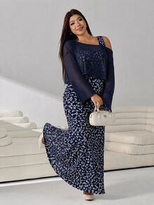 Solflare Casual Women Plus Size Floral Print Dress With Asymmetric Neck Top Set - Navy Blue - View 7