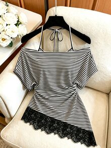 Franclia Women's Striped Contrast Lace Hem Halterneck Halter Neck Top - Multicolor - View 2