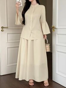 DAZY Women's Elegant Commute Solid Color Bell Sleeve Blouse & Skirt 2 Pieces Set - White - View 4