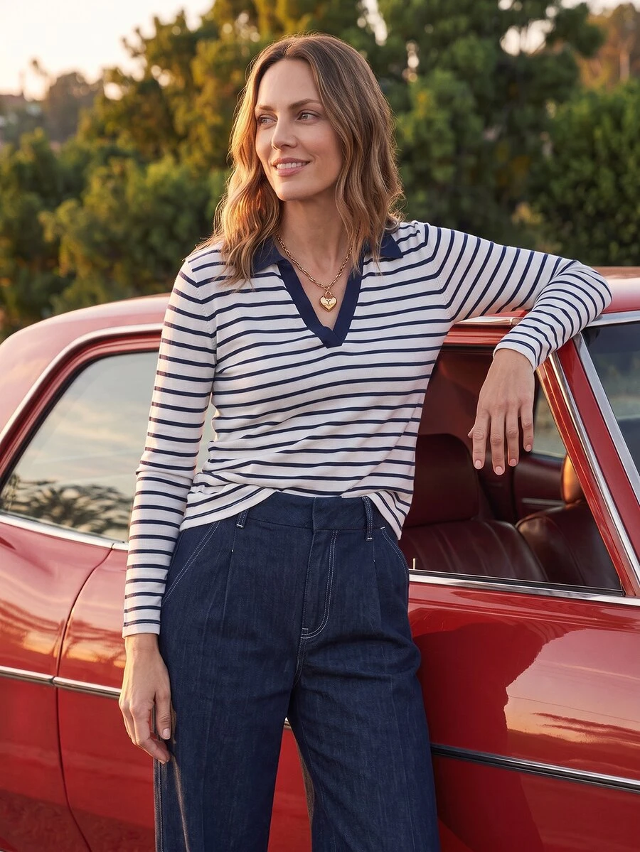 Dayvera Contrast Color Lapel Horizontal Striped Long Sleeve Polo Shirt, Slim Fit Flattering French Casual V-Neck Undershirt - Navy Blue - View 1