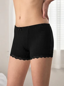 Ocili Women's Pure Cotton Knitted Jacquard Comfortable Patchwork Mini Lace Bow Decor Boxer Briefs - Black - View 5