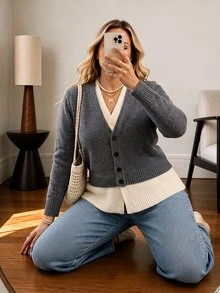 Vionelle Grey And White Colorblock 2 In 1 V-Neck Knit Cardigan, Single-Breasted Hem Splice Cropped Long Sleeve Plus Size Sweater Jacket Winter - Grey - View 5
