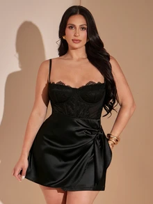 SHEIN BAE CURVE 大尺碼女款棕色不對稱迷你裙，優雅緞面秋季短裙 - 黑色 - 查看 9