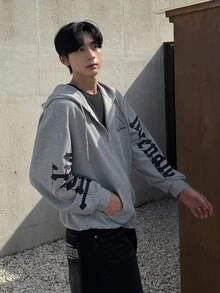 DAZY 春秋款華夫格紋布料灰色字母印花後背貼布設計寬鬆男士連帽衛衣 - 灰色 - 查看 5