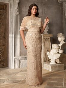 Aureia Plus Size Elegant Luxury Beaded Sequin Embroidered Tassel Shawl Dress For Wedding, Ball, Evening Party - Khaki - View 7