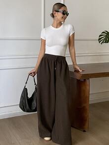DAZY Solid Color Loose Drawstring Elastic Waist Curved Leg Pants Casual Streetwear Korean Style Thickened Long Pants For Women Autumn/Winter Vacation - Brown - View 6