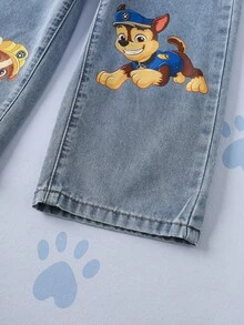 SHEIN | PAW Patrol Young Girl Cartoon Pattern Pocket Button Casual Daily Denim Jeans - Blue - View 7