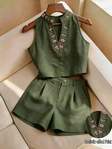 Flora Isola Flora Isola 女款夏季刺繡兩件套，清爽亞麻感無袖上衣與短褲套裝，刺繡立領無袖上衣兩件套，日常通勤休閒穿搭 - 綠色 - 查看 1
