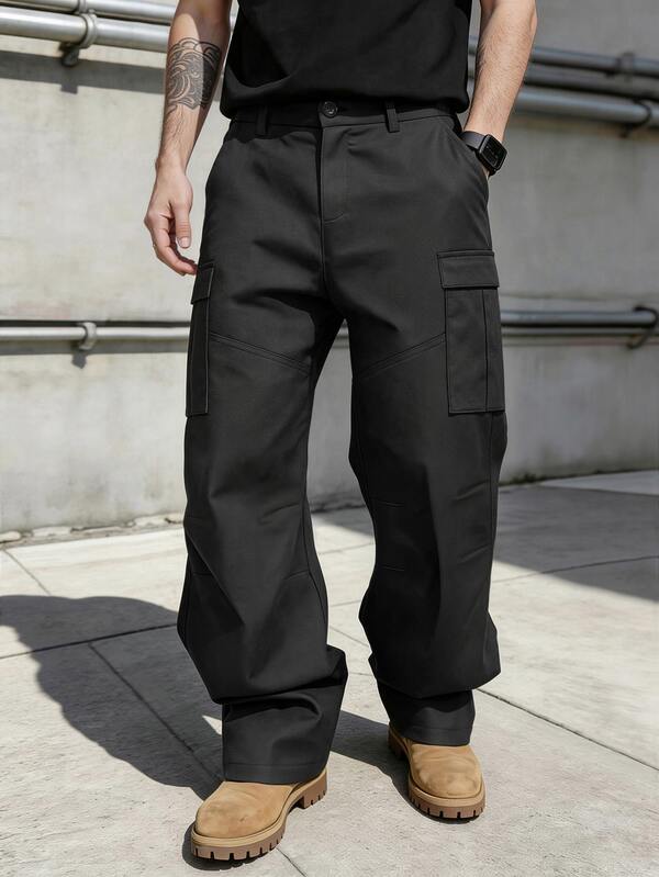 SLATEMANN Men's Black Long Pants, Multi-Pocket Cargo Pants, Loose Casual Versatile Cargo Pants, Solid Color Premium Long Pants