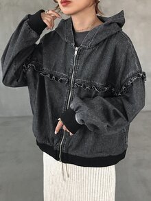 FRIFUL Women's Zipper Long Sleeve Denim Hooded Jacket - Black - View 7