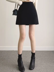 DAZY Women's Solid Color High Waist Fashion Versatile Skirt - Black - View 2