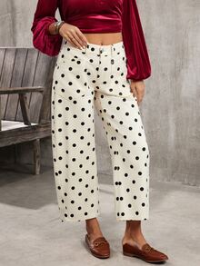 SHEIN PETITE CURVE Celana Jeans Wanita Ukuran Besar dengan Desain Saku dan Motif Polkadot, Model Tapered (Meruncing) - Aprikot - View 4