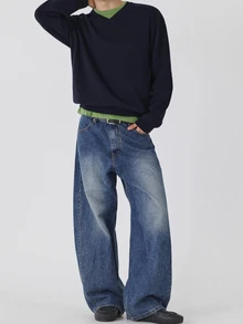 DAZY Autumn/Winter Navy Blue Solid V-Neck Ribbed Hem And Cuff Korean Style Men's Sweater - Navy Blue - View 5