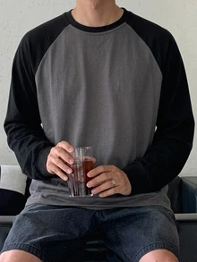 DAZY 春秋款黑色與深灰色拼接配色韓式男士長袖落肩袖T恤 - 深灰色 - 查看 1