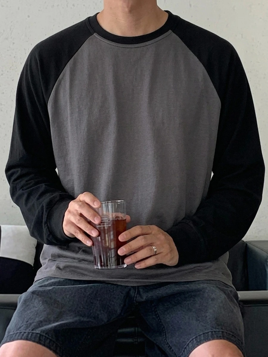DAZY 春秋款黑色與深灰色拼接配色韓式男士長袖落肩袖T恤 - 深灰色 - 查看 1