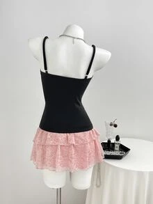 Elamini Women's Contrast Lace Twist Design Fashion Sexy Camisole Going Out Night Out Black And Pink Summer - Black - View 2