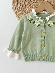 SHEIN 新生兒花卉刺繡圖案休閒日常毛衣 - 綠色 - 查看 5