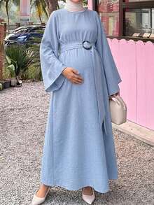 Dazy Maternity Solid Color Loose Long Sleeve Belt Tie Elegant Vacation Daily Spring Autumn Maternity Dress - Blue - View 5