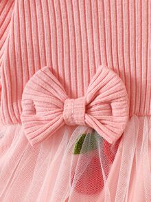 SHEIN 2件組新生兒春秋款酒紅色甜美公主風蝴蝶結蕾絲網紗拼接長袖洋裝附髮帶套裝，寬鬆舒適版型，適合日常穿著、滿月宴、1歲生日派對、節日聚會、拍照拍攝 - 粉色 - 查看 5