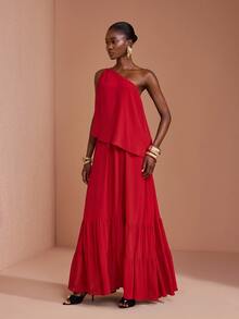 JIAN LASALA Red Chiffon One Shoulder Ruffle Hem Uneven Sleeveless Long Dress Party Vacation - Red - View 3
