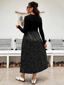 SHEIN Maternity Patchwork Polka Dot Pattern Round Neck Long Sleeve Nursing Dress - Black - View 8