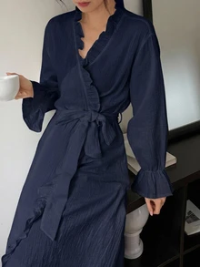 DAZY Romantic Ruffle Trim Long Lapel Robe Women's Loungewear - Navy Blue - View 6