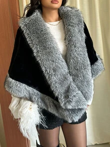 GalTyme Plus Size Women Loose Fashion Batwing Sleeve Faux Fur Coat - Multicolor - View 1