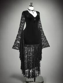 SHEIN ICON Plus Size Women's Autumn/Winter Retro Sexy Elegant Dark Gothic Style Velvet Patchwork Lace Flared Sleeves Ruffled Black Slim Fit Dress - Black - View 5
