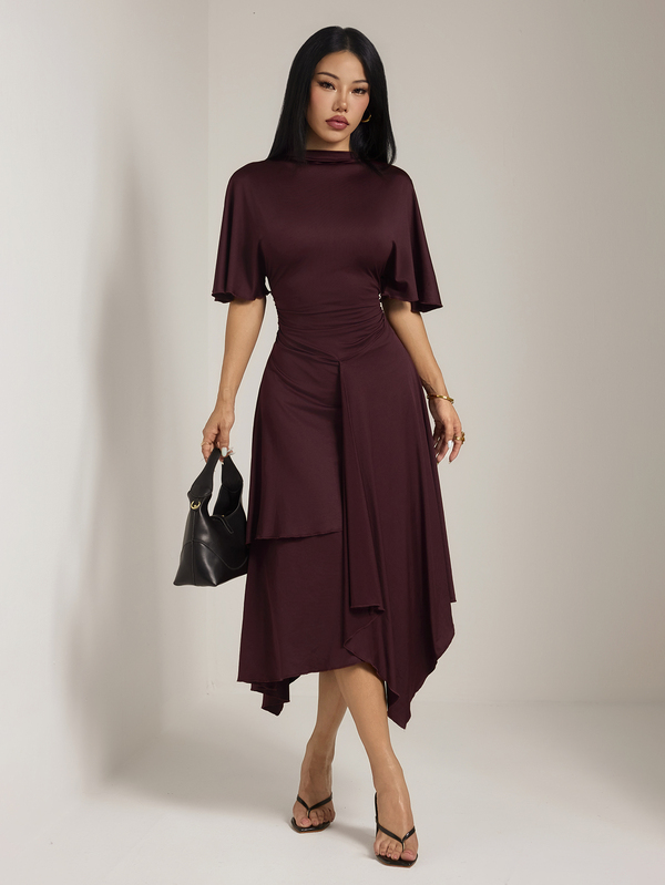 SHEIN PETITE Vestido Midi Bordô Petite Feminino com Bainha Assimétrica, Mangas Capa e Cintura Ajustada