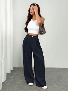 Vivamere Setelan Wanita Celana Panjang Kaki Lebar dengan Detail Lipit - Navy Blue - View 3