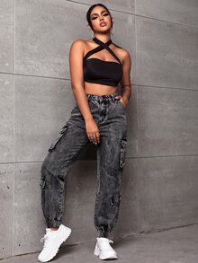 SHEIN SXY 女款休閒日常牛仔褲，附口袋與鈕扣設計 - 灰色 - 查看 5