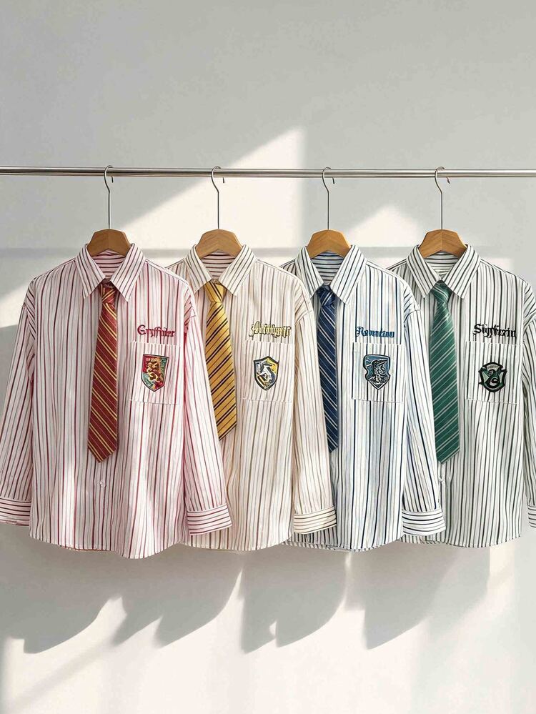 DAZY Men's Red Striped Long Sleeve Shirt With Tie, Spring/Autumn Commuter Preppy Style - Red - View 8