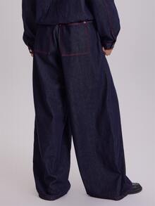 MUSERA Plus Size Blue Denim Drawstring Wide Leg Jeans Winter Fall Womens Outfit Casual - Blue - View 4