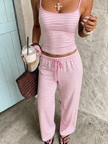 Aloruh Women's Casual Home Wear Striped Camisole & Long Pants Set - Pink - View 3