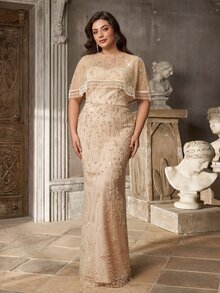 Aureia Plus Size Elegant Luxury Beaded Sequin Embroidered Tassel Shawl Dress For Wedding, Ball, Evening Party - Khaki - View 6