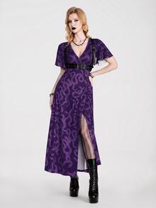 Breakform Blakeform Women's Gothic Style Summer Deep V-Neck Fitted Short Sleeve Black Snake Print Wrap Tie Long Slit Dress - Multicolor - View 5